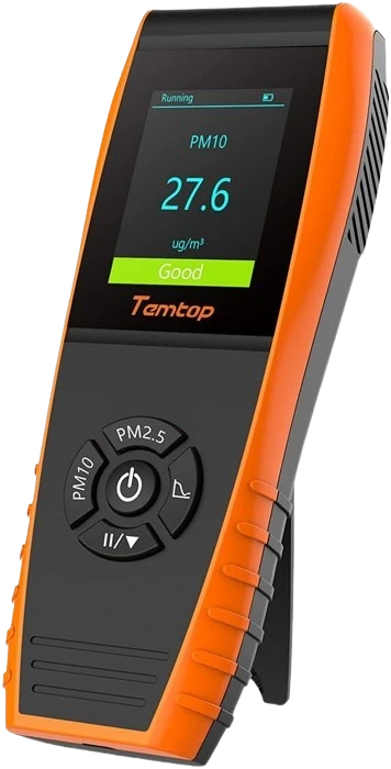 Medidor de qualidade do ar profissional Temtop P600 portátil com tela colorida exibindo gráficos de partículas PM2.5 e PM10 em tempo real.