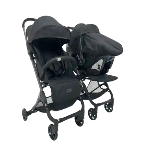 Carrinhos para bebês gêmeos Galzerano Duolee com assentos lado a lado, acabamento premium em cobre, chassis preto e design compacto moderno para bebês.