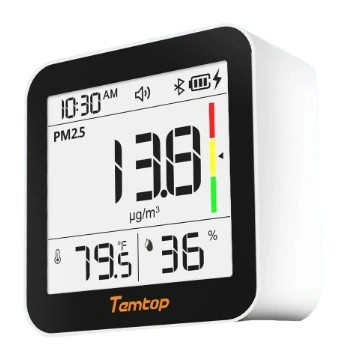 Monitor de qualidade do ar Temtop M10 branco com design minimalista mostrando níveis de formaldeído e compostos orgânicos voláteis.
