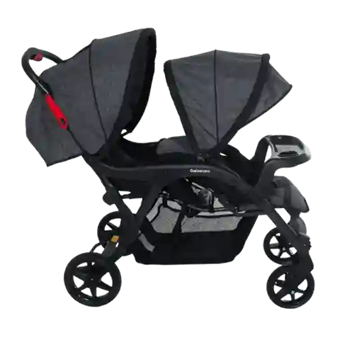 Carrinho de bebê para gêmeos Galzerano Doppio na cor grafite, modelo tandem estilo trem com um assento na frente do outro e estrutura robusta.