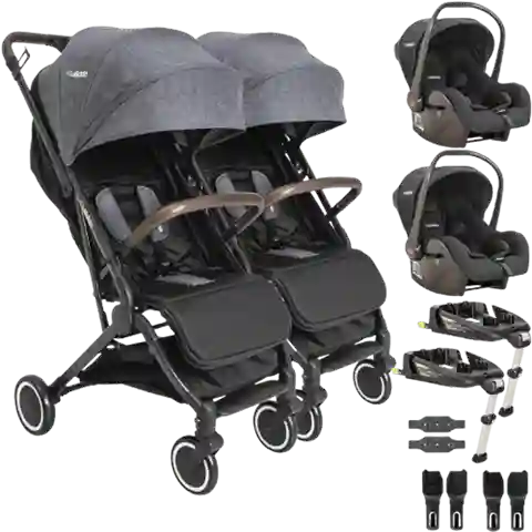 Kit completo de viagem para gêmeos Kiddo Sprint incluindo carrinho duplo, dois dispositivos de retenção bebê conforto e bases de segurança ISOFIX.