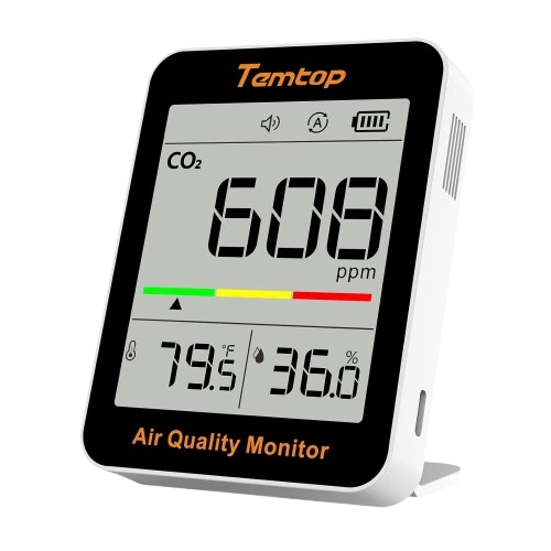 Medidor de CO2 Temtop C1 com visor digital focado em dióxido de carbono e temperatura, ideal para escritórios e ambientes fechados.