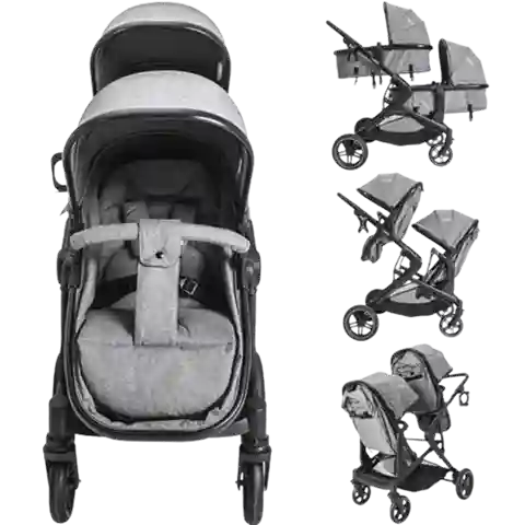 Carrinho para gêmeos Kiddo Pair em tecido melange cinza com assentos reversíveis que se transformam em moisés, ideal para recém-nascidos.
