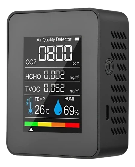 Monitor de ambiente Up MLBU compacto exibindo níveis de CO2 e umidade relativa do ar em design moderno e simples.