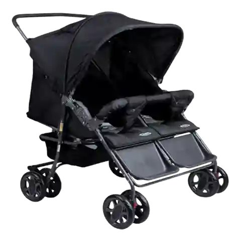 Carrinho para gêmeos Hércules reclinável em 5 posições, cor preto com chassis prateado, modelo fixo de alta resistência e durabilidade.