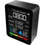 Dispositivo wireless Omkarsy para monitoramento de dióxido de carbono com luzes indicadoras de nível de qualidade do ar.