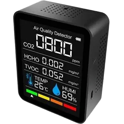 Dispositivo wireless Omkarsy para monitoramento de dióxido de carbono com luzes indicadoras de nível de qualidade do ar.