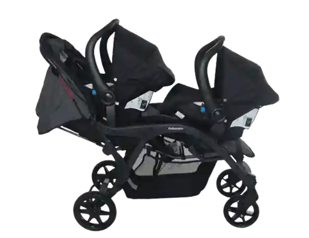 Carrinho para bebê gêmeo Galzerano Doppio II na cor grafite, com sistema atualizado de rodas com rolamento, assentos em fila e design contemporâneo.