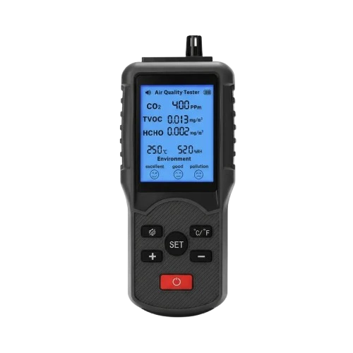 Medidor de ar multifuncional 5 em 1 econômico exibindo temperatura, umidade e níveis de poluentes em tela digital.