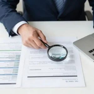 Ilustração conceitual mostrando uma lupa examinando componentes técnicos e especificações de produtos, representando a análise profunda para o cálculo do Índice QDC.