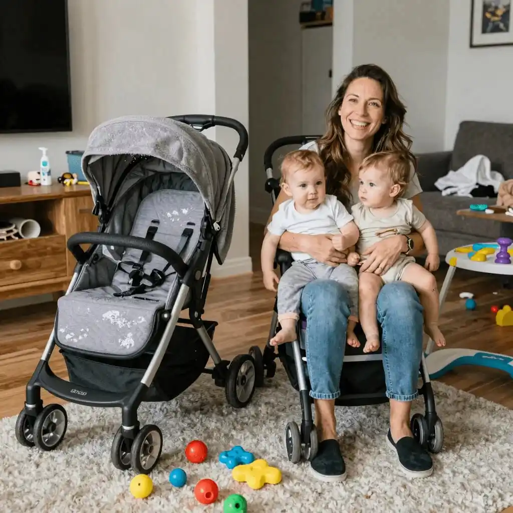 Mãe sorridente sentada em um tapete segurando dois bebês gêmeos no colo, com um carrinho de bebê cinza moderno ao lado em uma sala de estar com brinquedos no chão, representando reviews de produtos para bebês e maternidade.