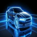 Renderização conceitual em estilo wireframe (linhas azuis neon brilhantes) de um carro esportivo futurista em um ambiente escuro com reflexos no chão, simbolizando tecnologia automotiva avançada.