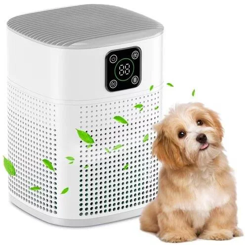 Foto destacada Artigo Melhor Purificador de Ar com filtro HEPA em 2026, mostra um aparelho de filtragem de ar fazendo seu trabalho e um lindo cachorrinho filhote ao lado