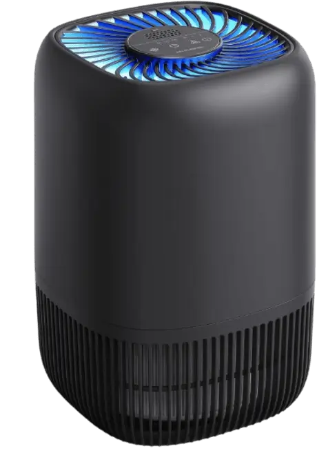 Purificador de ar com filtro HEPA VOOPNU DH-JH12 preto com iluminação azul no topo