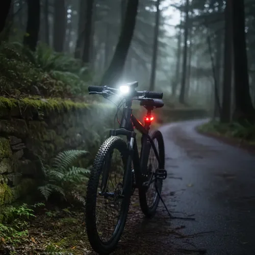 farol LED bike noturna” — bike com luzes dianteira e traseira acesas, ambiente noturno