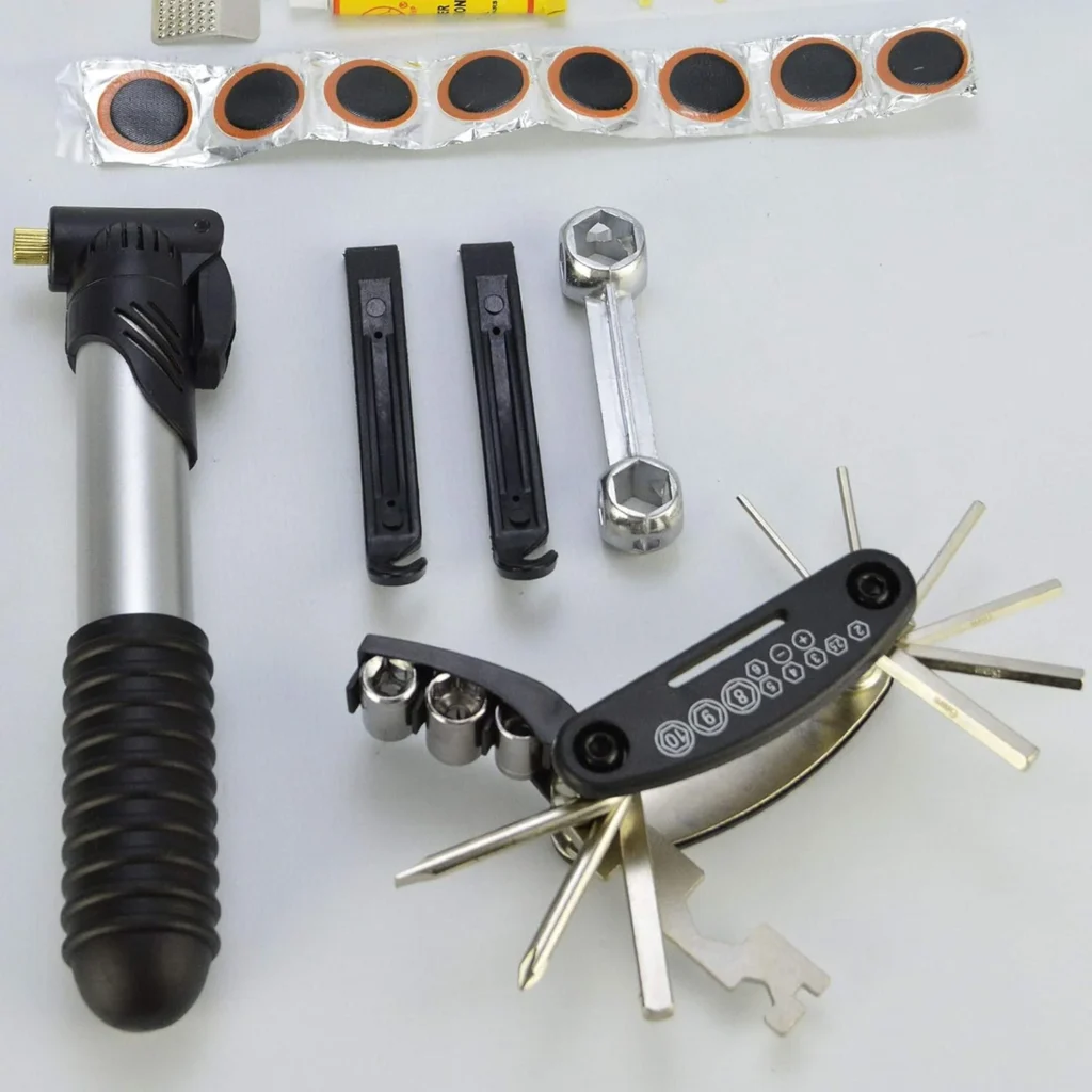 kit reparo bike ferramentas” — bomba portátil, câmara de ar, espátulas