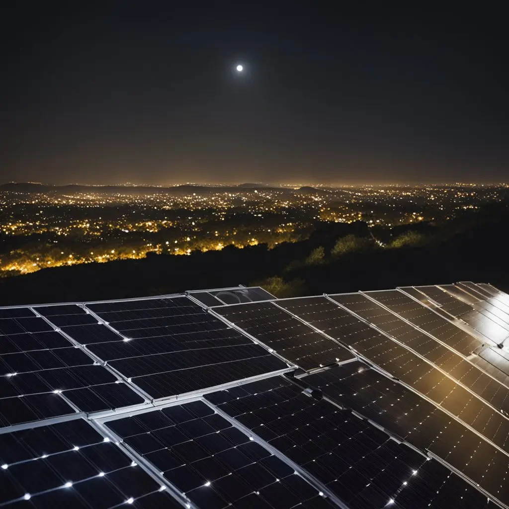 painéis solares à noite com cidade ao fundo — armazenamento de energia solar